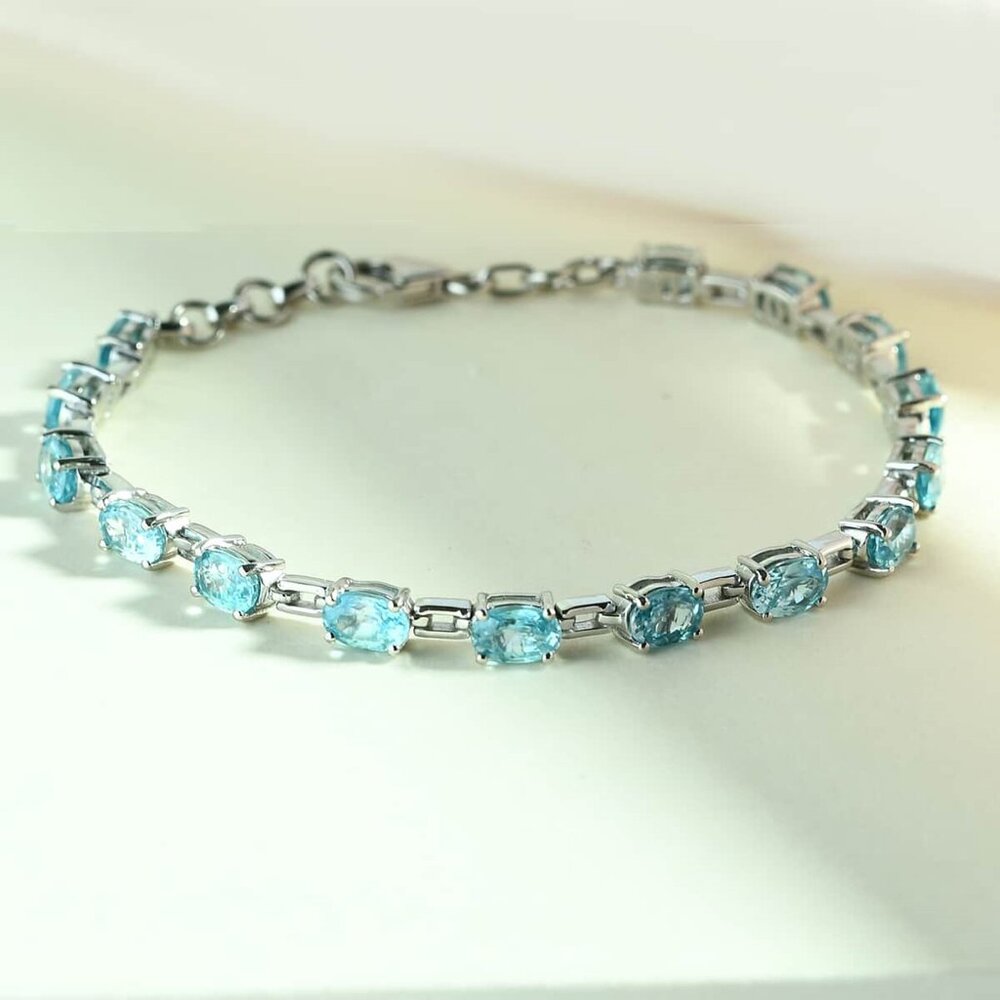 Cambodian Blue Zircon Station Bracelet in Platinum Over Sterling Silver